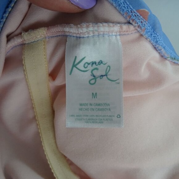 Kona Sol Blue Floral Tropical Print One Piece Swimsuit Women Size M Ruffle - Picture 6 of 12